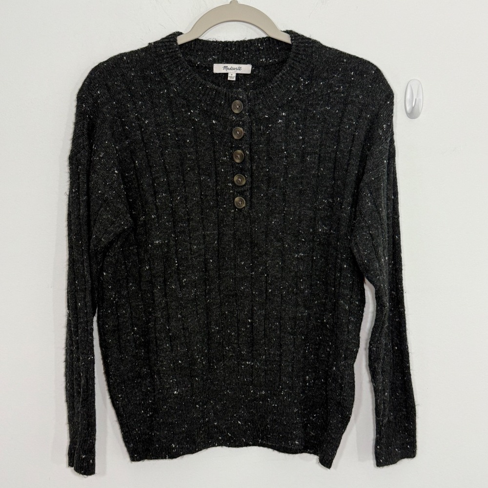 Madewell Womens Sweater Small Gray Donegal Bowden Henley Coziest Yarn Wool Blend